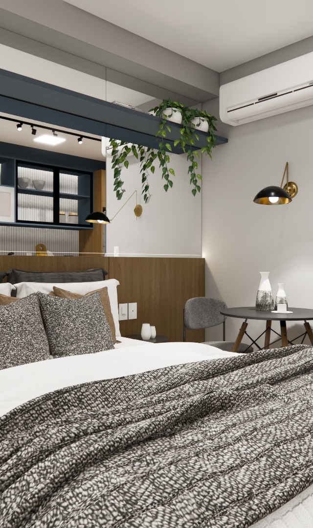 Render 3D de estúdio de 25m² com cama, tons de madeira, cinza e azul, espelho, mesa bistrô e iluminação quente indireta