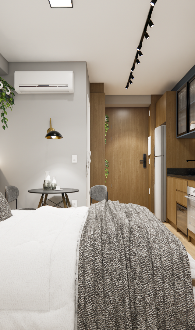 Render 3D de estúdio de 25m² com marcenaria em madeira, cama, mesa de trabalho, iluminação por trilhos e tons neutros
