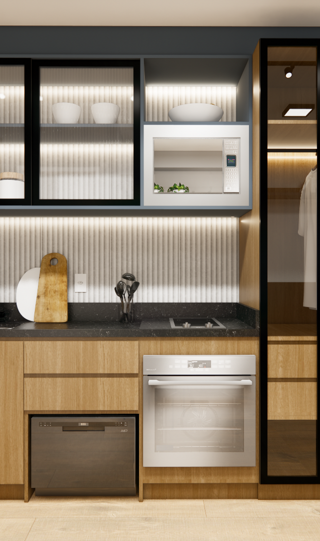 Render 3D de cozinha compacta e home office em madeira, com marcenaria integrada, iluminação em LED e tons cinza