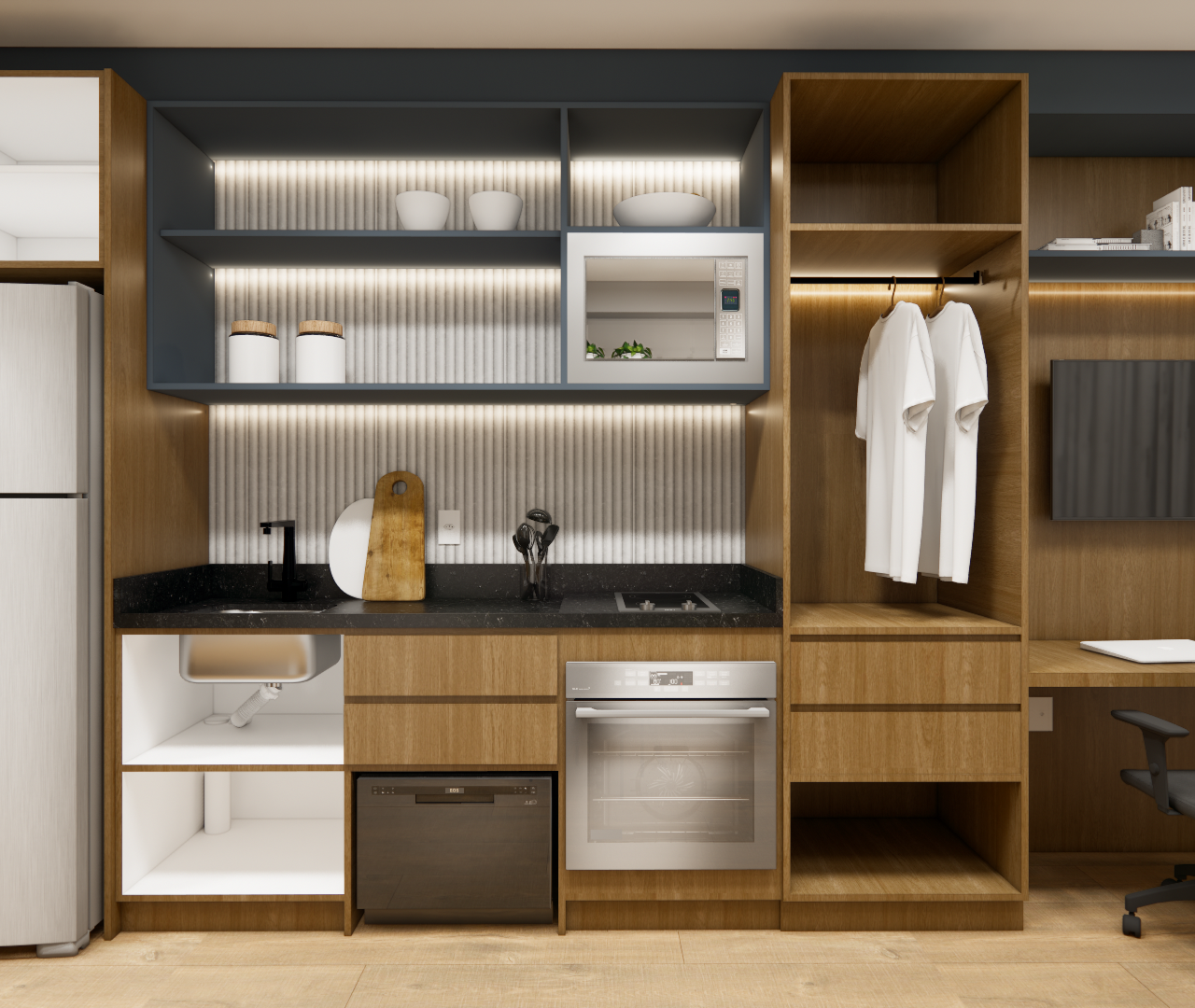 Render de cozinha e home office integrados com marcenaria em tons de madeira e cinza, iluminação em LED e bancada preta