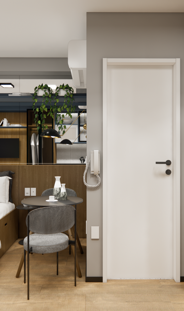 Render 3D de quarto compacto com cama, marcenaria em tons amadeirados, mesa de apoio, espelho e iluminação quente linear