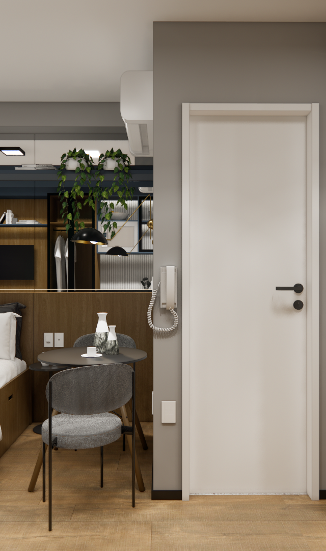 Render 3D de estúdio com cama, mesa redonda, estante de madeira e detalhes em cinza, iluminação embutida e marcenaria moderna