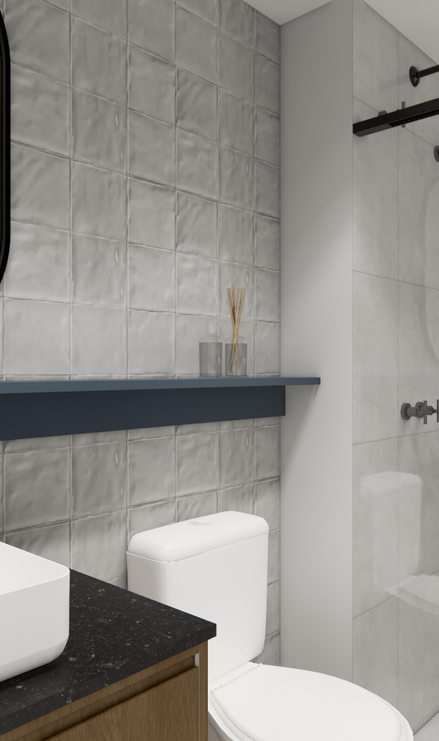 Render 3D de banheiro compacto com azulejos cinzas, espelho oval, bancada preta, metais escuros e iluminação suave