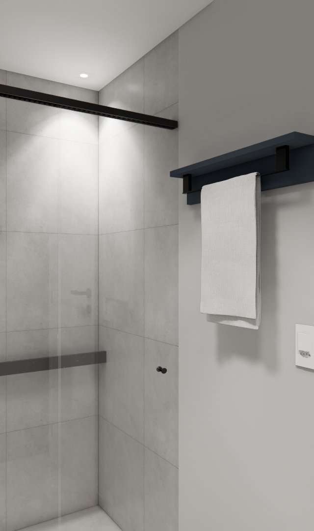 Render 3D de banheiro compacto com revestimento cinza, box de vidro, metais pretos, prateleira azul e iluminação embutida