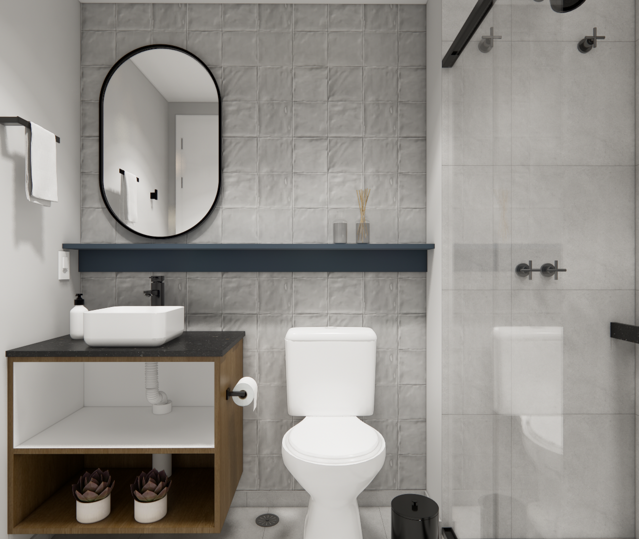Render 3D de banheiro moderno no VOXX Itaim com azulejos cinza, marcenaria em tom madeira, metais pretos e espelho oval
