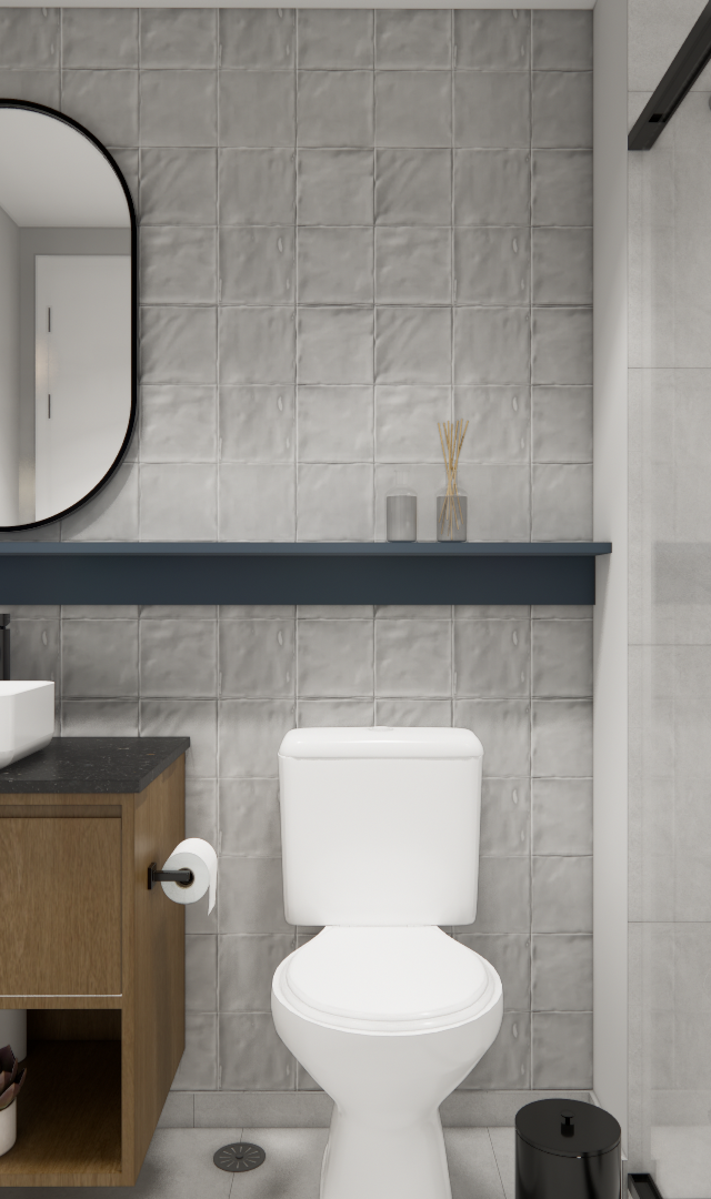 Render 3D de banheiro compacto com gabinete em madeira, espelho oval, metais pretos e azulejos cinzas em tons neutros