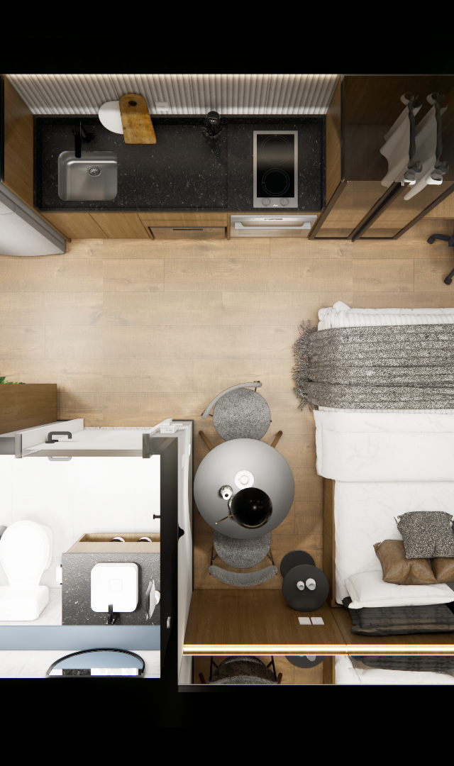 Planta baixa 3D de studio de 25m² com tons de madeira, marcenaria integrada, cozinha compacta, cama, mesa e banheiro branco