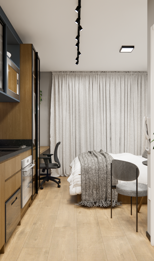 Render 3D de estúdio de 25m² com marcenaria em tons amadeirados, cozinha compacta, bancada de trabalho e cama com cortinas