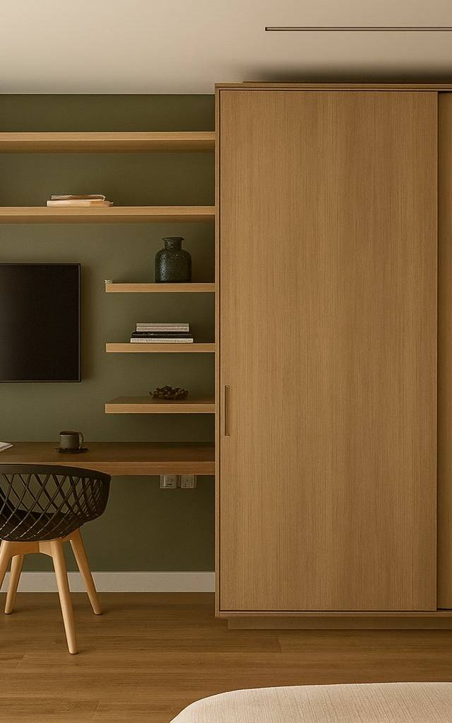 Render de quarto AG - YBY com marcenaria em madeira, parede verde, estantes, mesa de trabalho, cadeiras pretas e armário