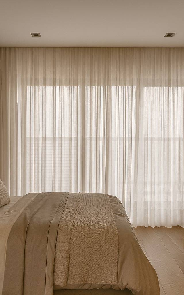 Quarto AG-YBY com cama, marcenaria em madeira, mesa de trabalho, paredes verdes, cortinas leves e iluminação embutida