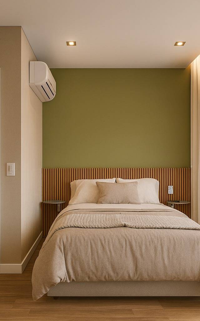 Quarto com parede verde, cabeceira ripada de madeira, cama neutra, marcenaria clara e cortinas iluminadas AG YBY Ibirapuera
