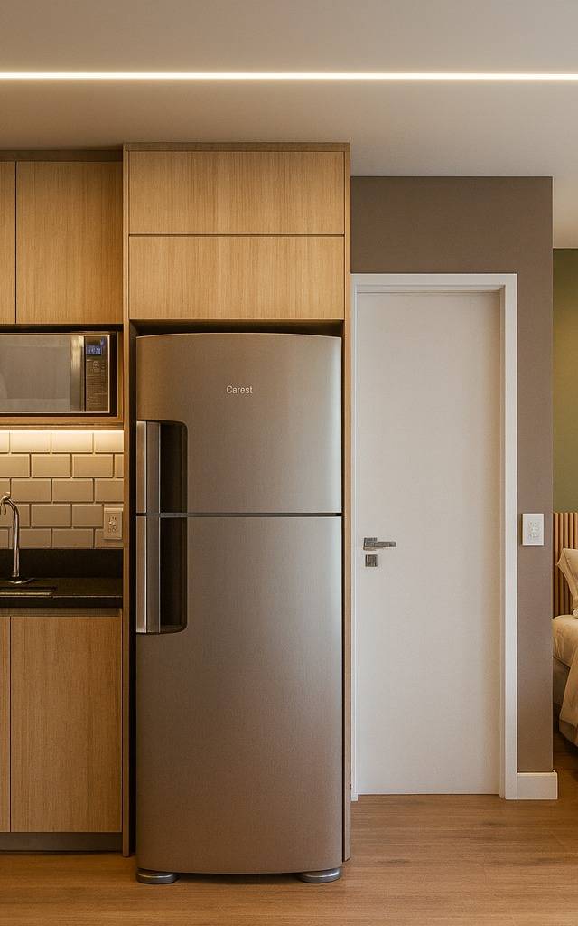 Interior de estúdio no AG - YBY com marcenaria em tom madeira, bancada preta, geladeira inox, quarto e parede verde oliva