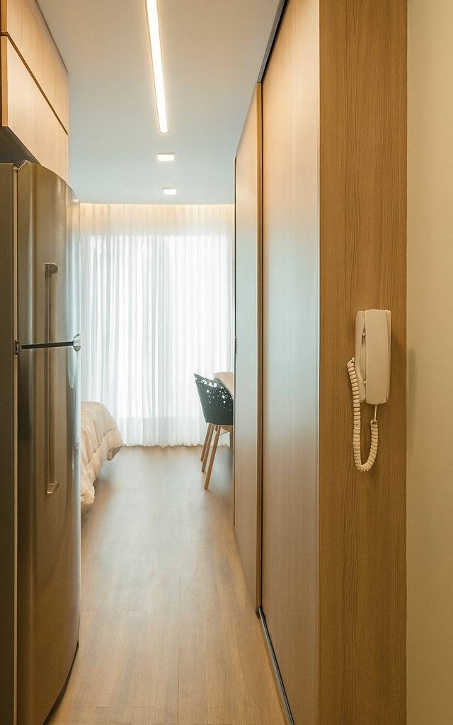 Cozinha linear em apartamento AG - YBY com marcenaria em tons amadeirados, bancada preta, eletrodomésticos inox e luz difusa