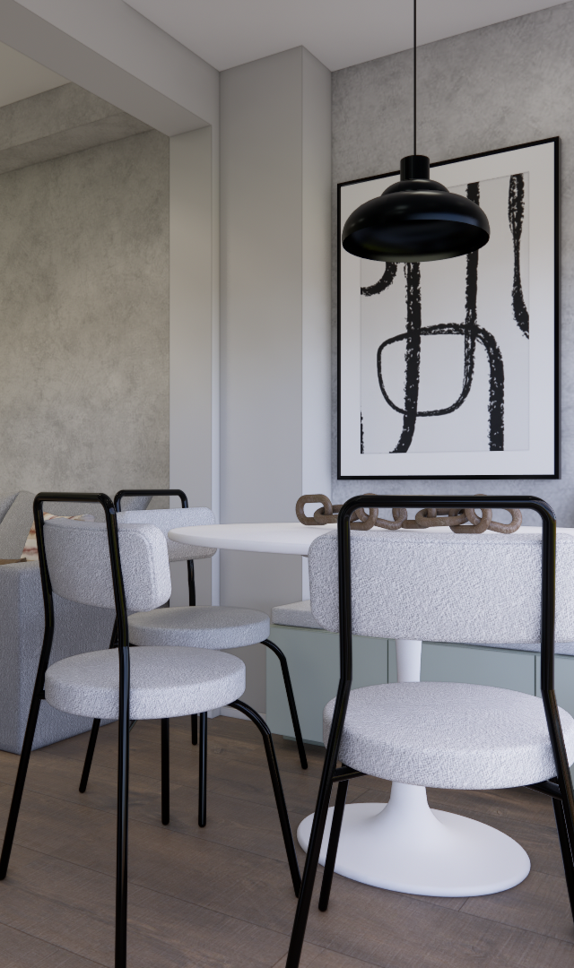 Render 3D de sala e jantar integrados no Brooklin, com móveis claros, paredes de cimento queimado e iluminação pendente