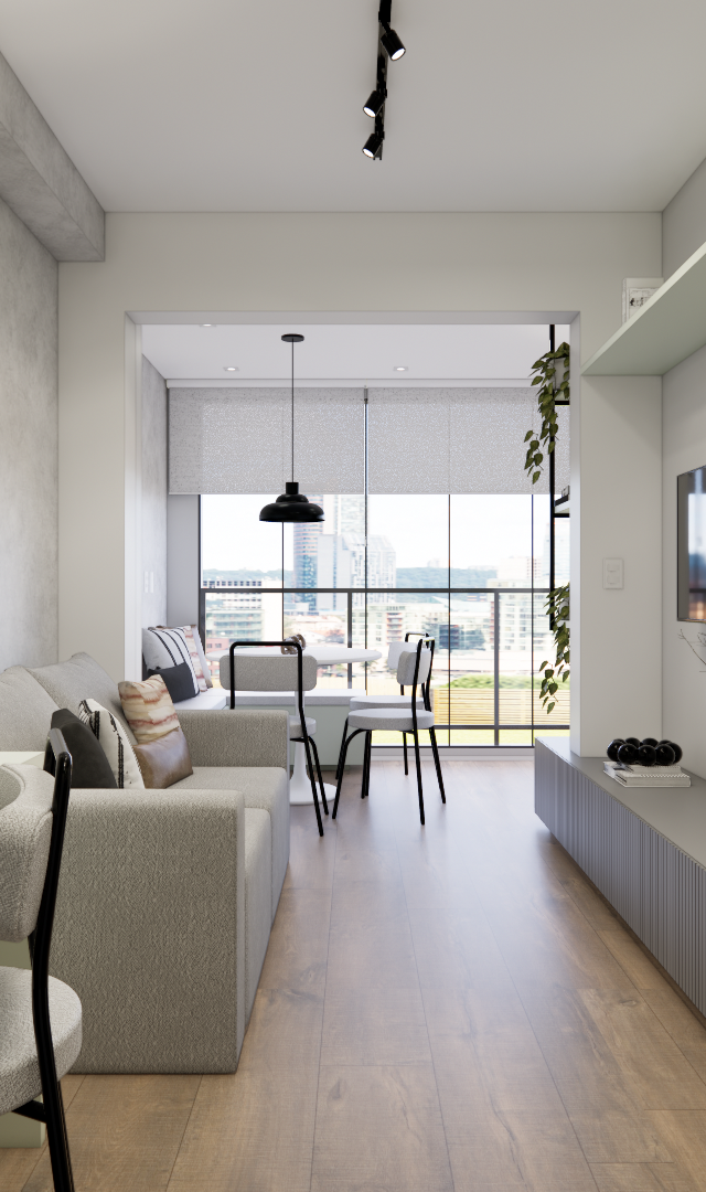 Render 3D de sala integrada, tons neutros, marcenaria cinza, parede em cimento queimado e piso amadeirado no Brooklin