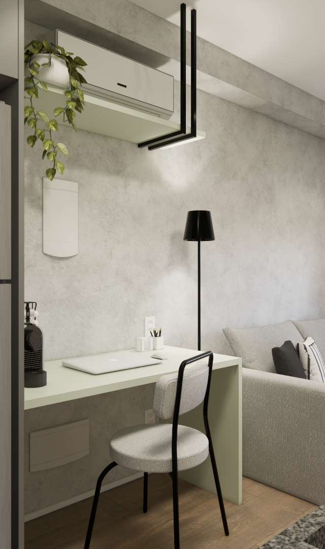 Render 3D de sala e cozinha integrada, tons cinza, marcenaria clara, mesa de trabalho, sofá e vista de varanda no Brooklin