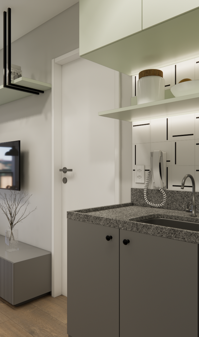 Render 3D de cozinha compacta integrada à sala, marcenaria cinza e verde, bancada em granito e iluminação embutida