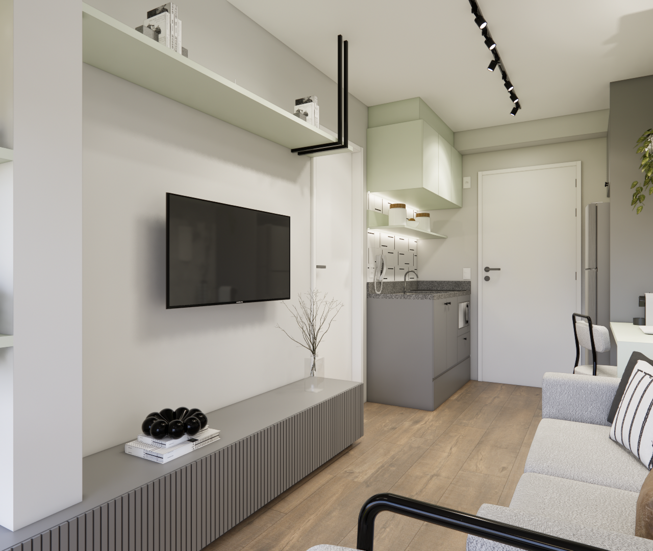 Render 3D de sala e cozinha integrada, marcenaria cinza, prateleiras verdes, sofá cinza e iluminação por trilhos
