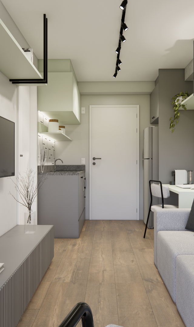 Render 3D de sala e cozinha integradas, tons cinza e verde, marcenaria planejada, iluminação em trilho e piso amadeirado