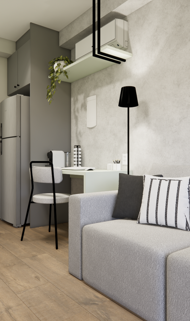 Render 3D de sala e cozinha integradas, parede cinza, sofá claro, mesa de apoio, marcenaria em tons de cinza e piso amadeirado