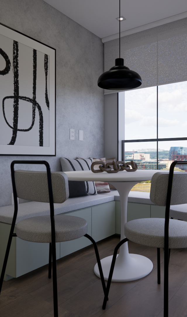 Render 3D da sala de jantar do AP Level Brooklin com banco alemão, mesa redonda, cadeiras cinza e vista da cidade