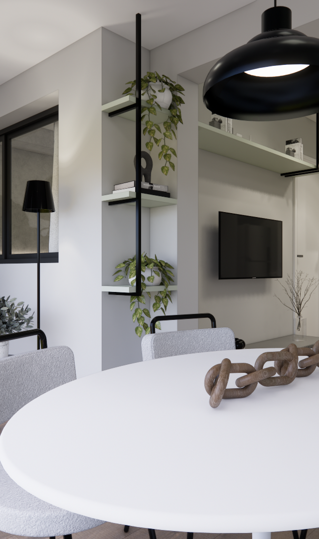 Render 3D de sala de jantar e estar integrada, tons neutros, mesa redonda branca, poltrona suspensa e plantas no Brooklin