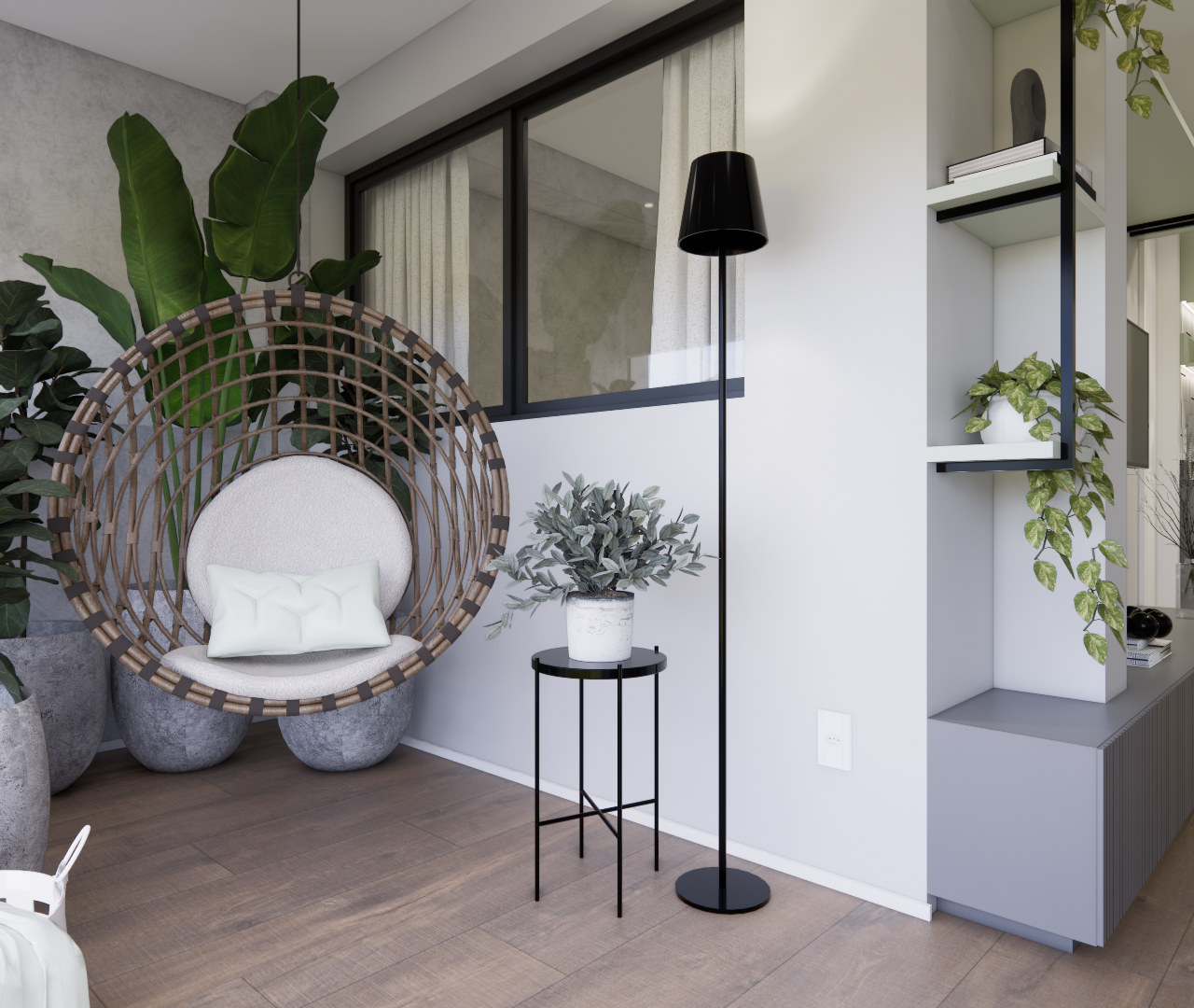 Render 3D de sala com poltrona suspensa, plantas em vasos de cimento, marcenaria cinza e iluminação suave e moderna