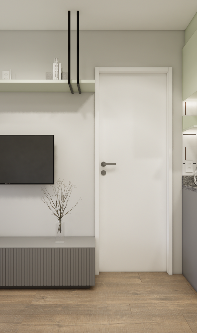 Render 3D de sala e cozinha integradas com marcenaria em tons de verde e cinza, piso amadeirado e iluminação embutida