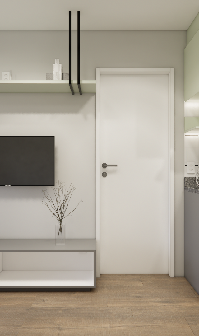 Render 3D de sala e cozinha integrada, marcenaria cinza e verde, TV na parede, prateleiras e piso amadeirado no Brooklin