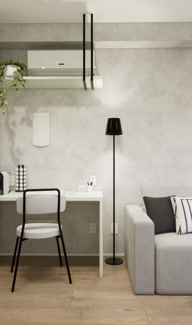 Render 3D de sala e home office integrado com sofá cinza, mesa, marcenaria grafite, parede em cimento queimado e piso amadeirado