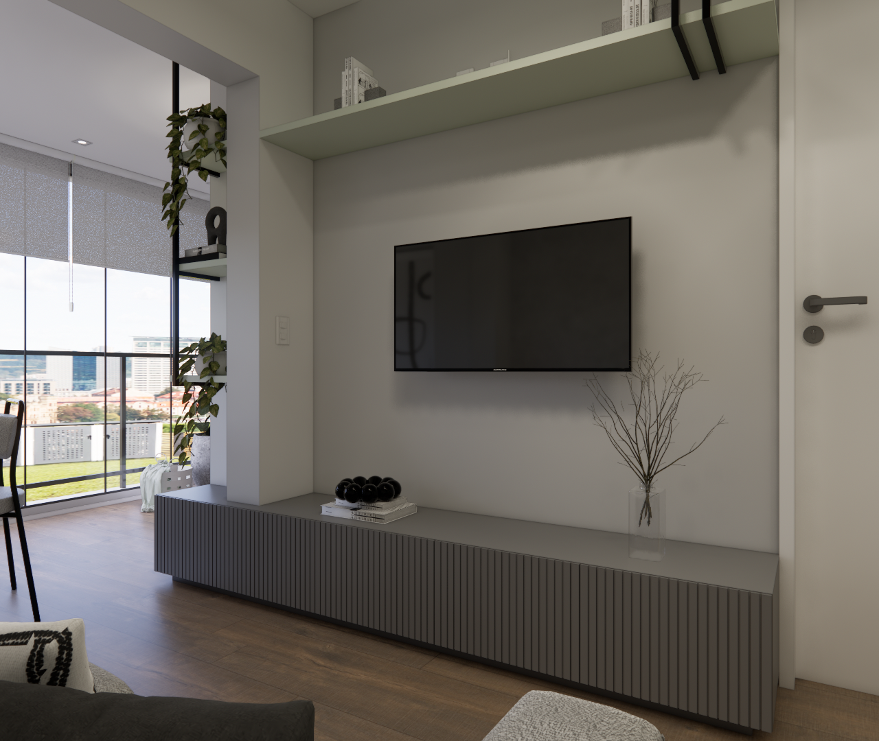 Render 3D de sala do AP Level Brooklin com móvel cinza ripado, TV na parede, prateleira e vista para varanda iluminada