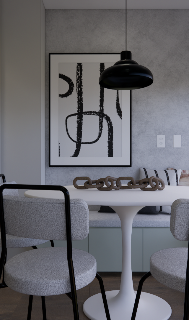 Render 3D de sala de jantar em apartamento com mesa redonda, cadeiras cinzas, banco planejado e parede com arte abstrata