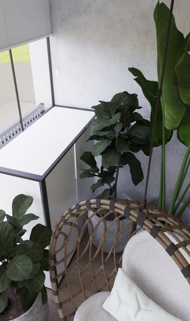 Render 3D de varanda do AP Level Brooklin com poltrona suspensa de fibra, plantas, bancada branca e iluminação natural