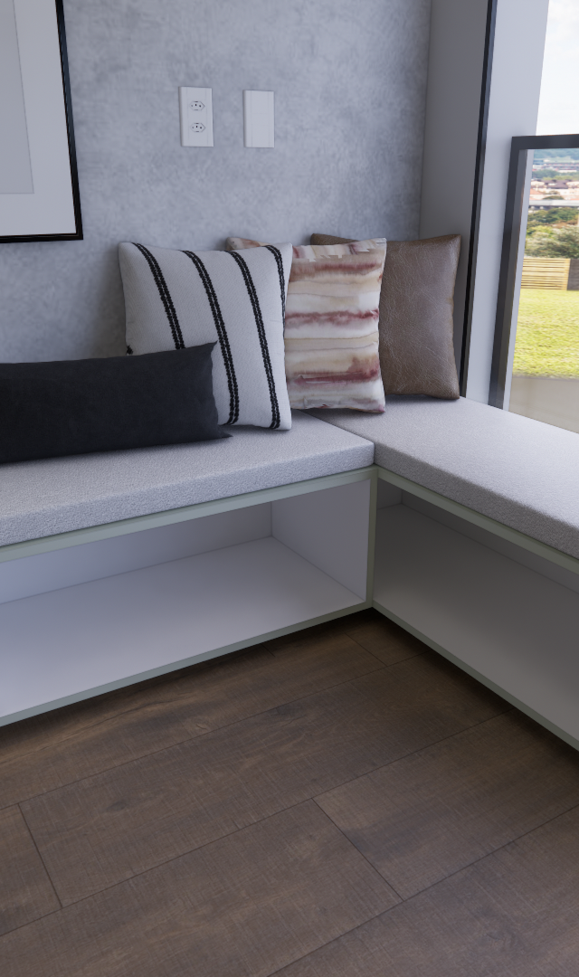 Render 3D de banco em L com nichos, estofado cinza e almofadas decorativas em parede de cimento queimado junto à janela