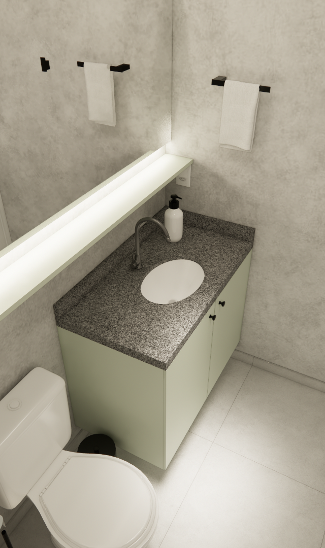 Render 3D de banheiro compacto com paredes cinza, gabinete verde, bancada de granito, espelho com iluminação e metais pretos