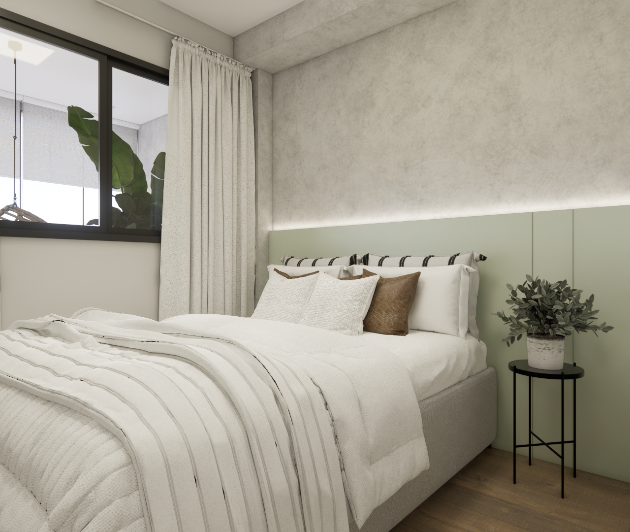 Render 3D de quarto no Brooklin com cama, cabeceira verde menta, parede em cimento queimado, luz indireta e piso de madeira