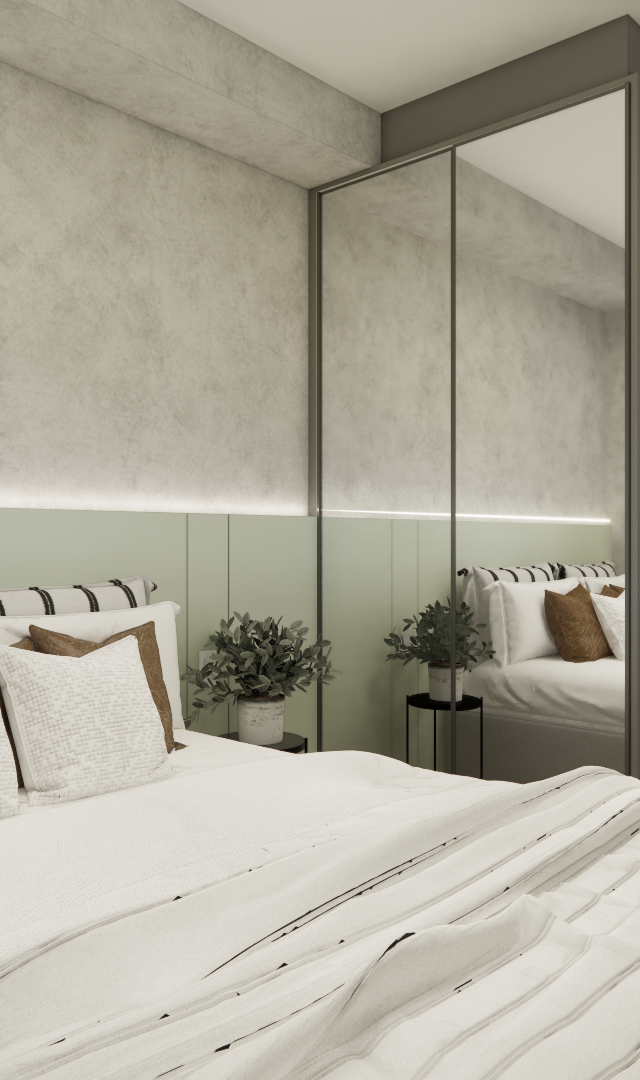 Render 3D de quarto no AP Level Brooklin com cama, cabeceira verde, parede cinza, espelho e iluminação indireta quente