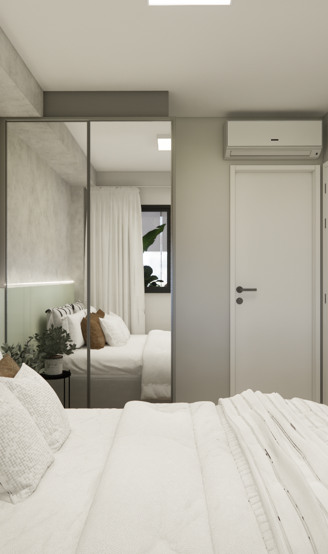 Render 3D de quarto pequeno com paredes cinza, cabeceira verde, espelho, cama com almofadas marrons e iluminação indireta