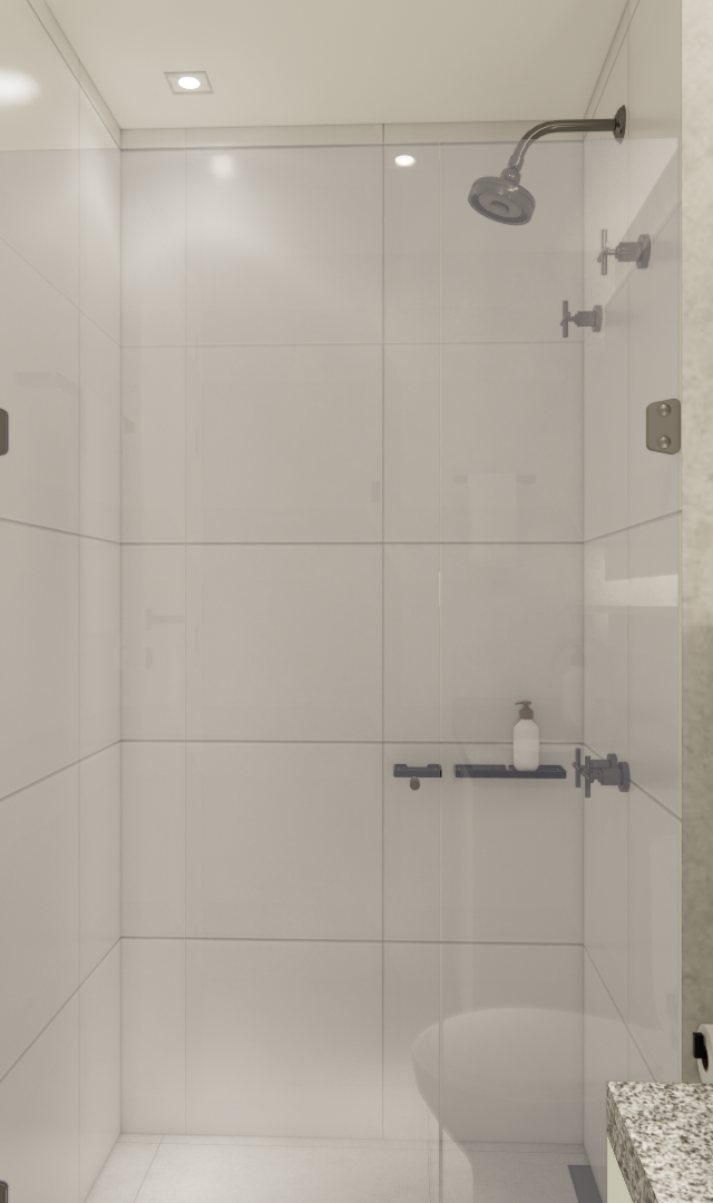 Render 3D de banheiro compacto no Brooklin com revestimento cimentício, box de vidro, metais pretos e luz indireta quente