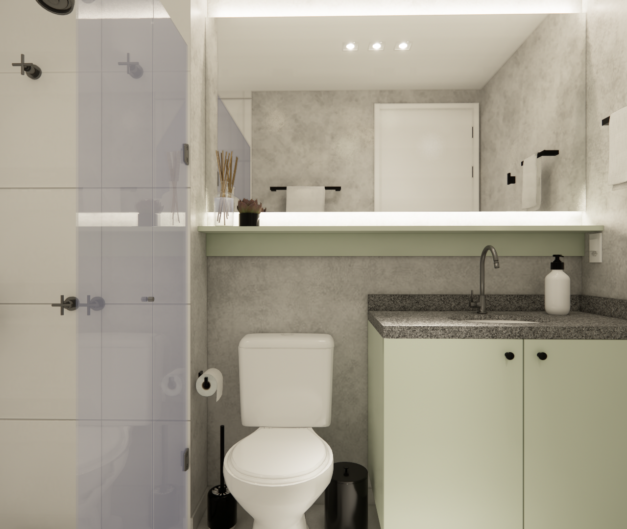 Render 3D de banheiro moderno no AP Level Brooklin com marcenaria verde, bancada de pedra, metais pretos e iluminação led