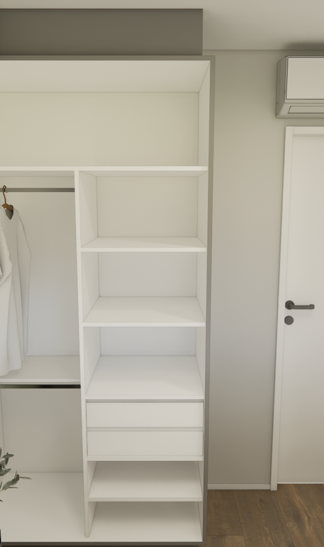 Render 3D de closet branco em quarto com parede verde, piso amadeirado, ar-condicionado e portas brancas no Brooklin