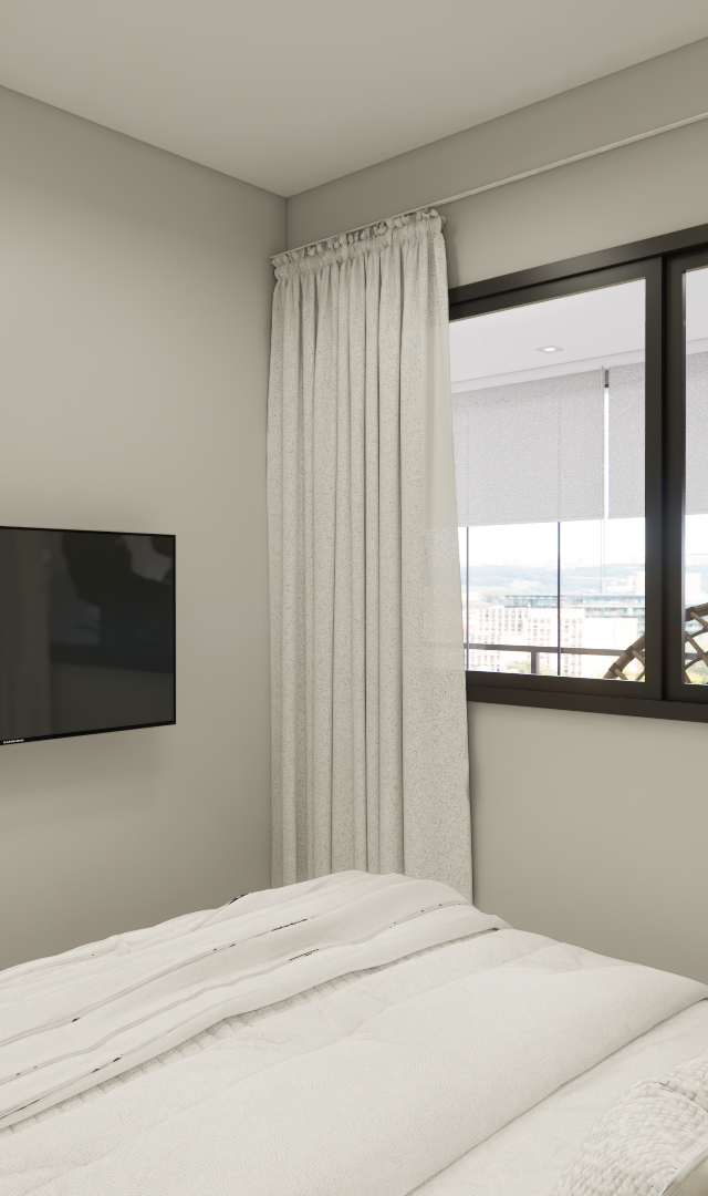 Render 3D de quarto no Brooklin com paredes cinzas, TV instalada, cama com enxoval branco, couro e cortinas claras