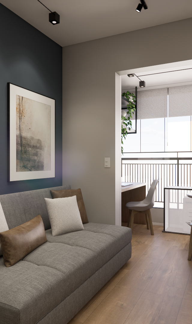Render 3D de sala do AP - NOW Butantã com sofá cinza, parede azul, madeira, marcenaria preta e iluminação em trilho