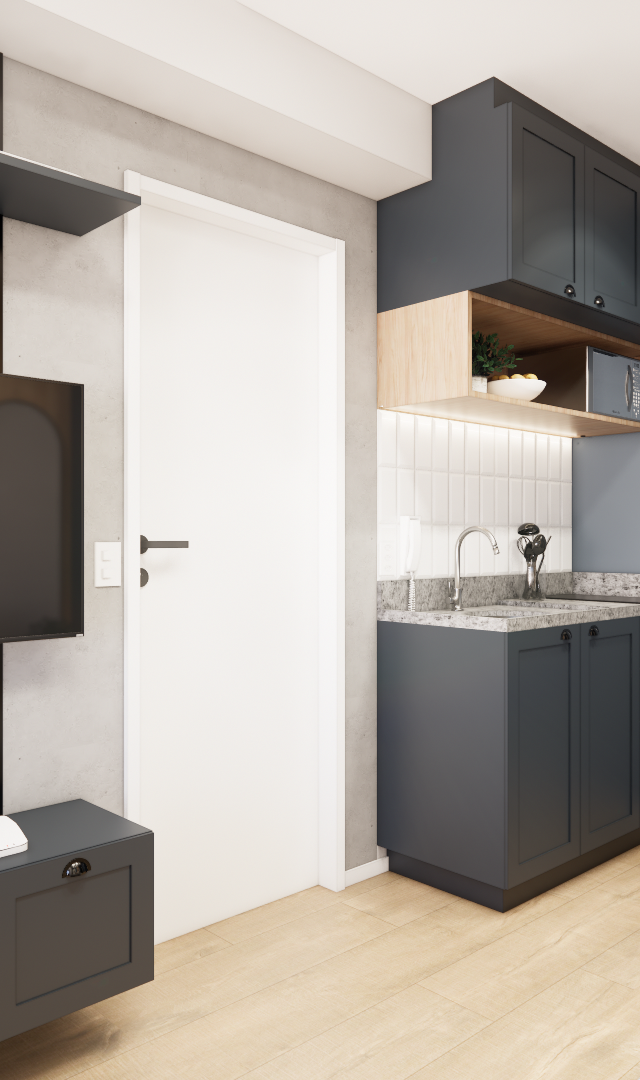 Render 3D de sala e cozinha integradas AP - NOW Butantã com marcenaria cinza, detalhes em madeira, cimento e iluminação spot
