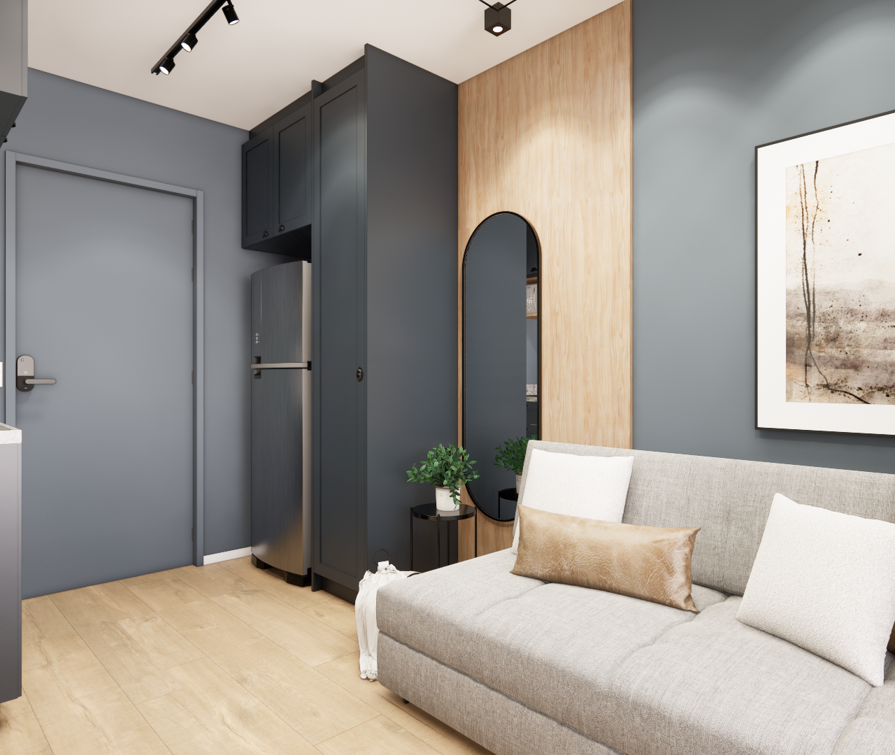 Render 3D de sala e cozinha integradas, marcenaria cinza e madeira, sofá cinza, espelho oval e parede decorada AP Now