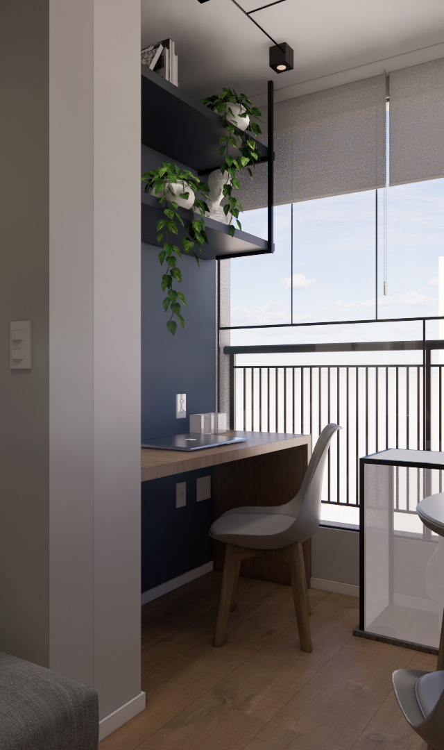 Render 3D de varanda integrada com mesa de jantar, home office, marcenaria azul e plantas em apartamento no Butantã