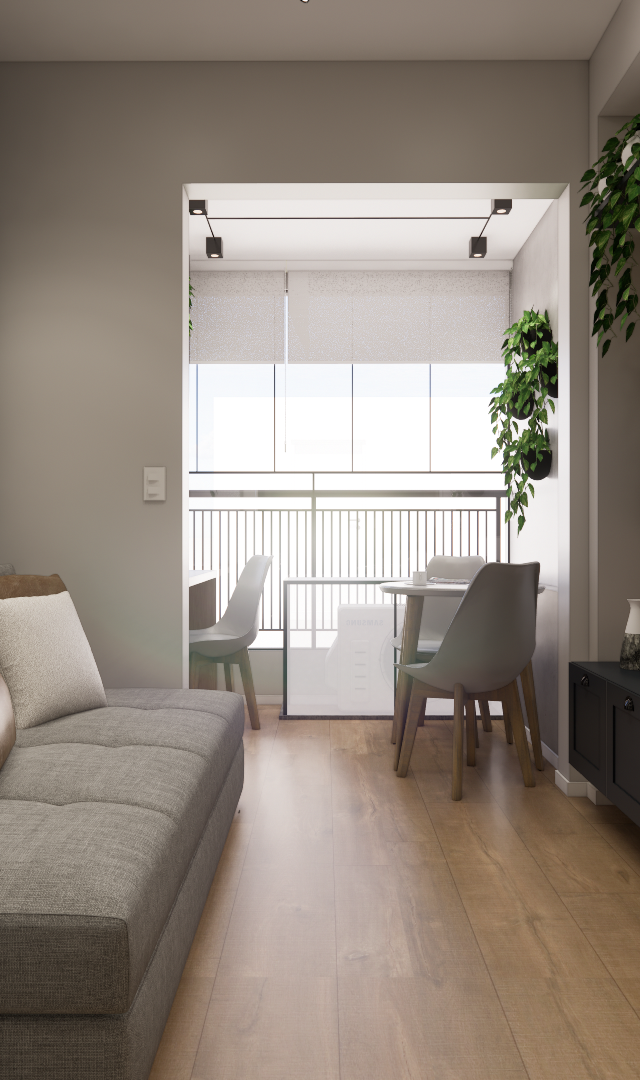 Render 3D de sala de estar no AP - NOW Butantã com sofá cinza, rack preto, painel em madeira, plantas e varanda integrada