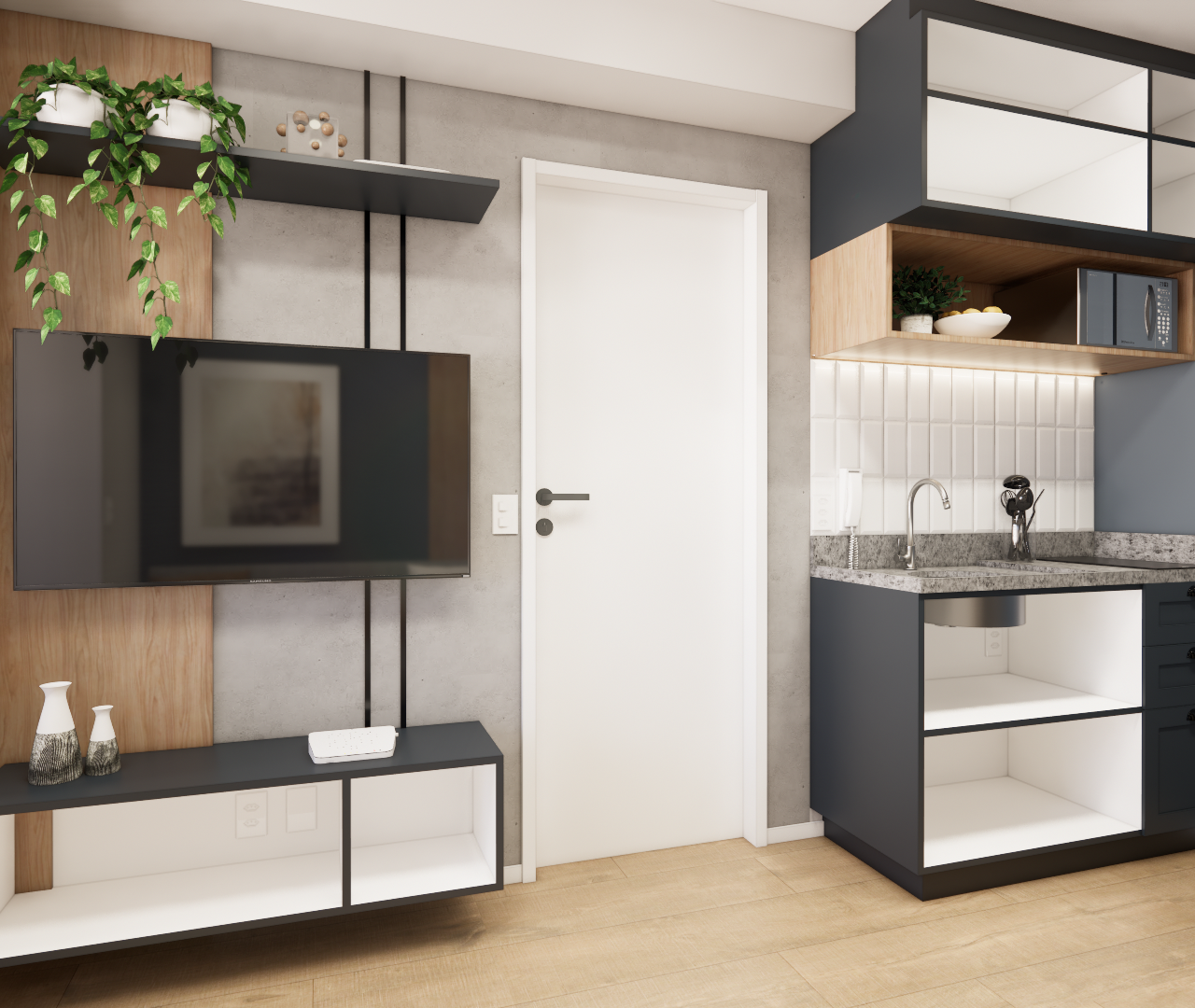 Render 3D de sala e cozinha integradas, marcenaria em tons cinza e madeira, parede de cimento queimado e iluminação led