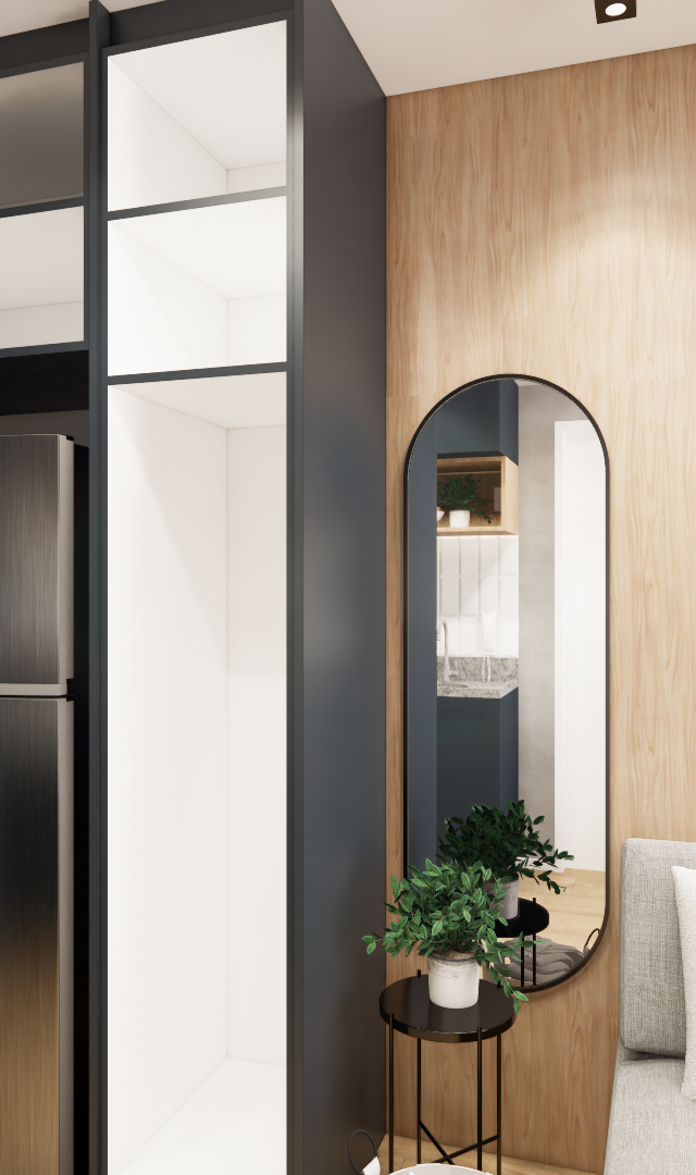 Render 3D da sala com marcenaria preta, painel em madeira, geladeira, espelho oval, sofá cinza e parede azul cinzento