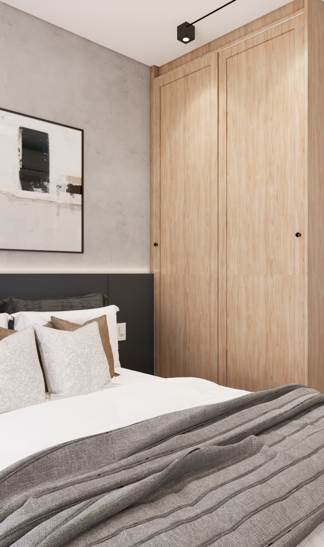 Render 3D de quarto com parede em cimento queimado, cabeceira preta, guarda-roupa em madeira clara e roupa de cama neutra